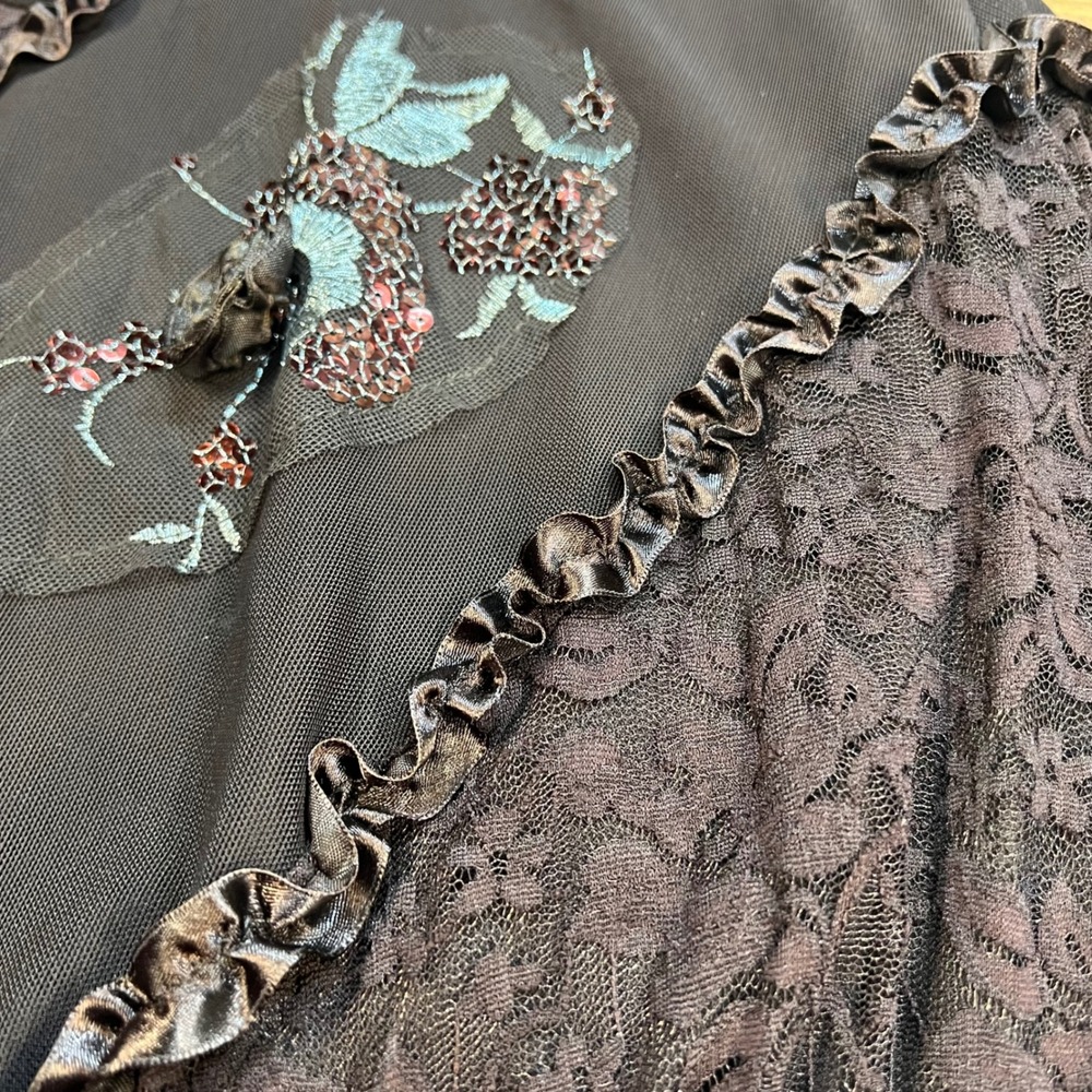 Vintage Boho Ruffle Sequin Embroidered Lace Mesh Midi Skirt Fairycore Y2K M - Picture 7 of 8